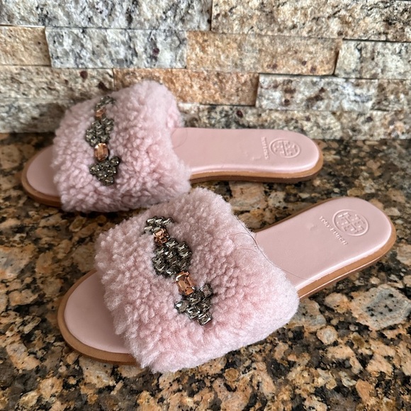 Tory Burch Embellished Genuine Shearling Slide Sandal, Pink - Picture 3 of 7